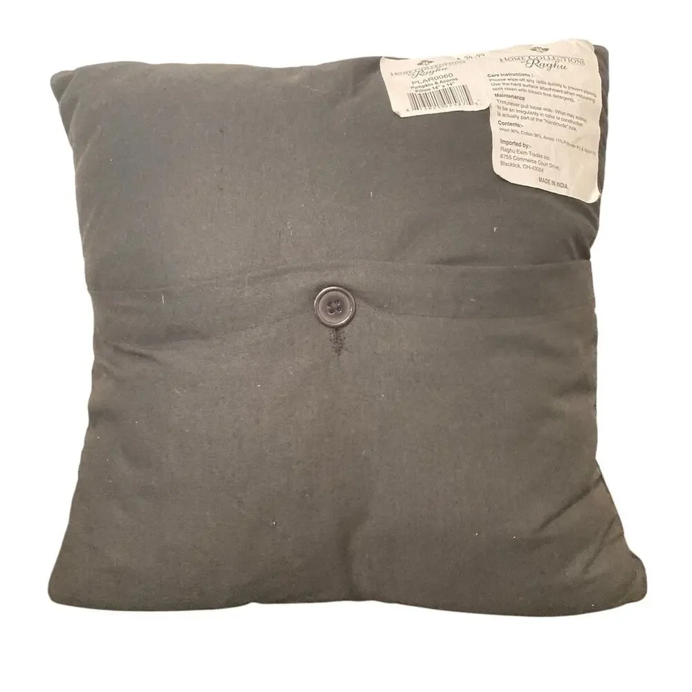 Fall Pumpkin Acorns 36 Percent Wool Pillow 14x14 Home Collections Raghu India